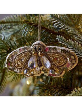West Elm Embroidered Flying Bee Ornament NEW Christmas Holiday Beaded Boho